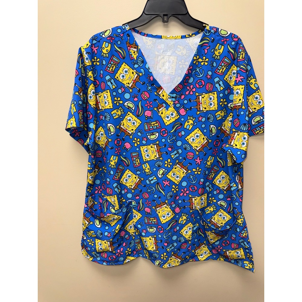 Scrub Club Spongebob Squarepants V-Neck Scrub Top Blue Womens 2X Nickelodeon
